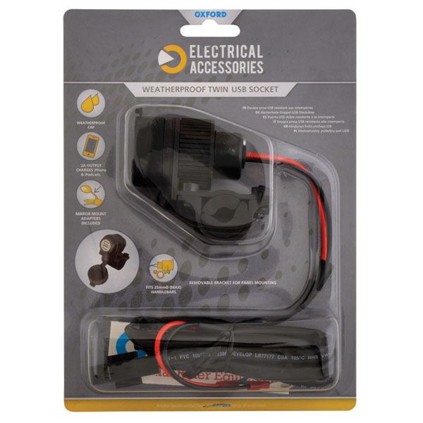 Electrical Accessories for Handlebar Oxford USB 5V 2AMP DUAL SOCKET & FUSED LOOM